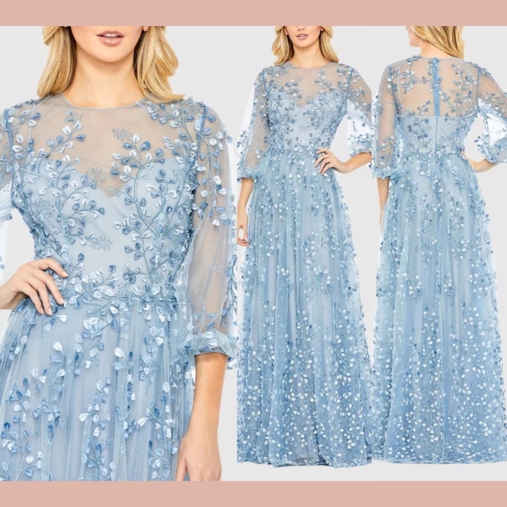 NWT $798 MAC DUGGAL [‎ 10 ] 79399 Embroidered Puff Sleeve A-Line Gown Blue